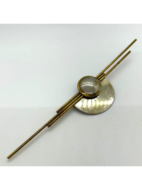 Estate Jewelry - Vintage 1980s Modernist Silver-tone  & Brass Geometric Brooch Art Pin Mixed Meta